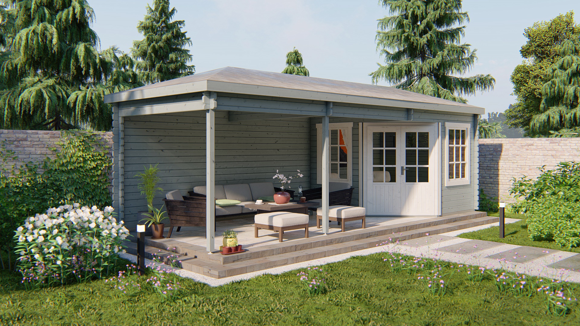 5-Eck-Gartenhaus Bertil ISO mit Überdachung
