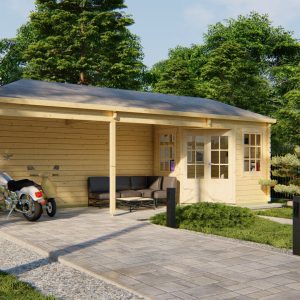 5-Eck-Gartenhaus Gretel ISO mit Seitenüberdachung