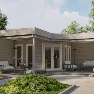 Flachdach-Gartenhaus Jutka ISO mit großer Terrassenüberdachung