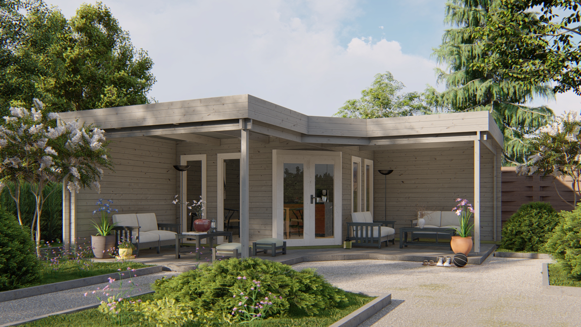 Flachdach-Gartenhaus Jutka ISO mit großer Terrassenüberdachung