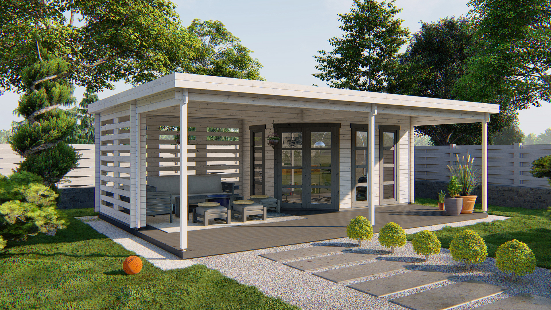 5-Eck-Gartenhaus Oletha ISO mit Seitenüberdachung