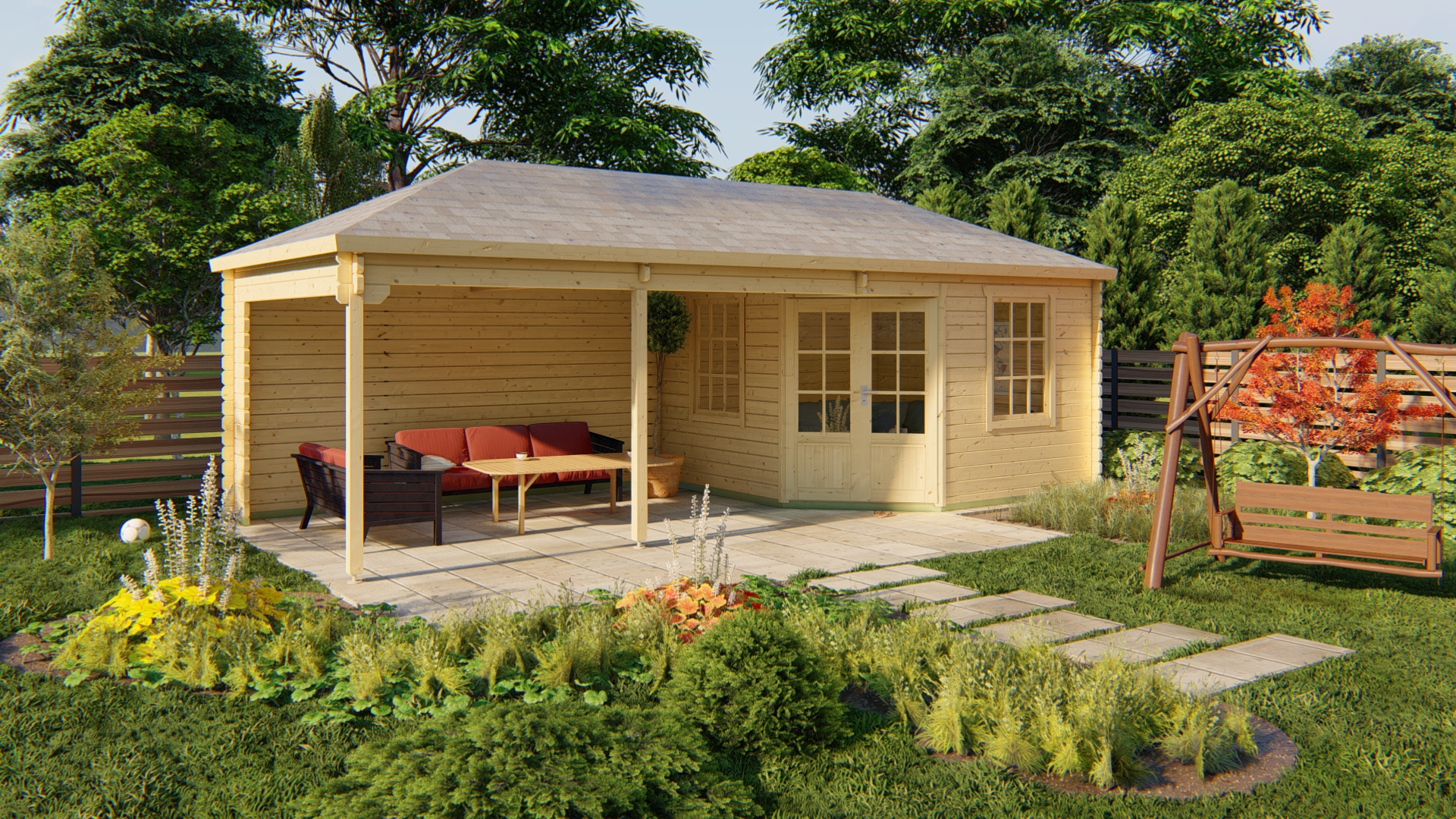 5-Eck-Gartenhaus Paiva ISO mit Seitenüberdachung