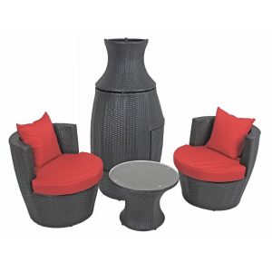 Club-Set Linz, 3-teilig, inklusive Auflagen, Kissen, rot, Glasplatte, Kunststoffgeflecht, schwarz