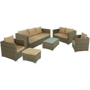 Sitzgruppe Murcia, 6-teilig, inklusive Auflagen, Kissen, cremebeige, Glasplatte, Kunststoffgflecht c