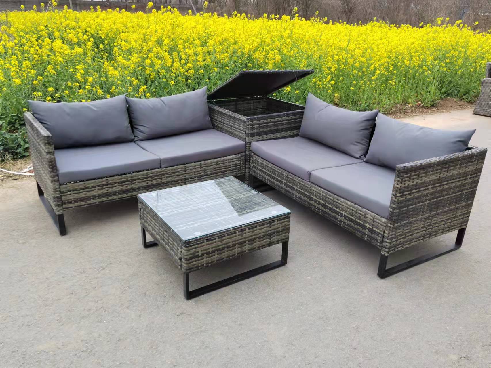 Lounge-Eckgruppe Ramira, 4-teilig, inklusive Auflagen, Kissen, Glasplatte, Kunststoffgeflecht schwar