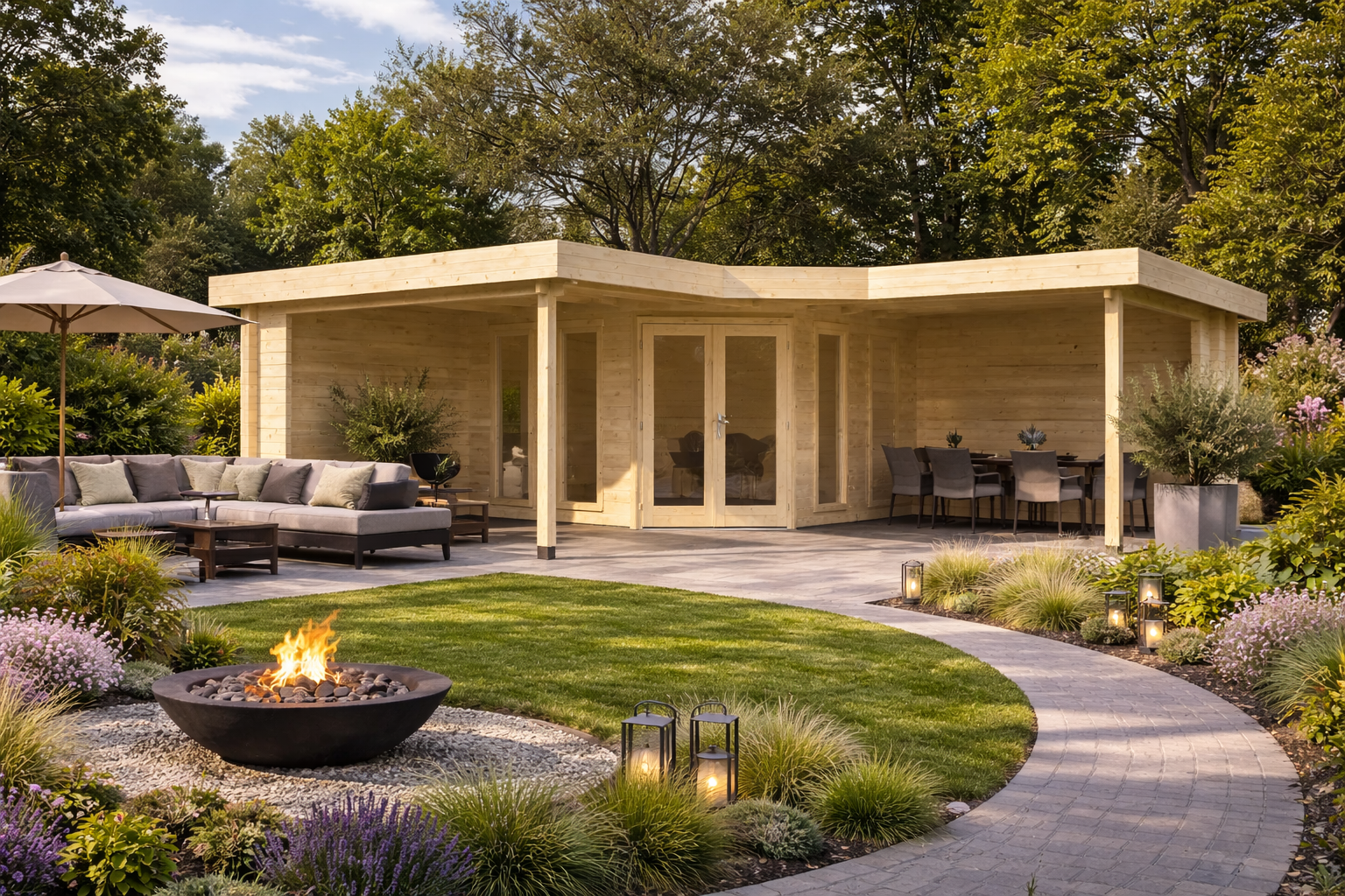 Gartenhaus Braunschweig ISO mit Terrassenüberdachungen