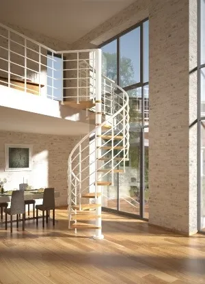 Dolle Spindeltreppe Oslo Buche versiegelt Unterkonstruktion und Geländer weiß