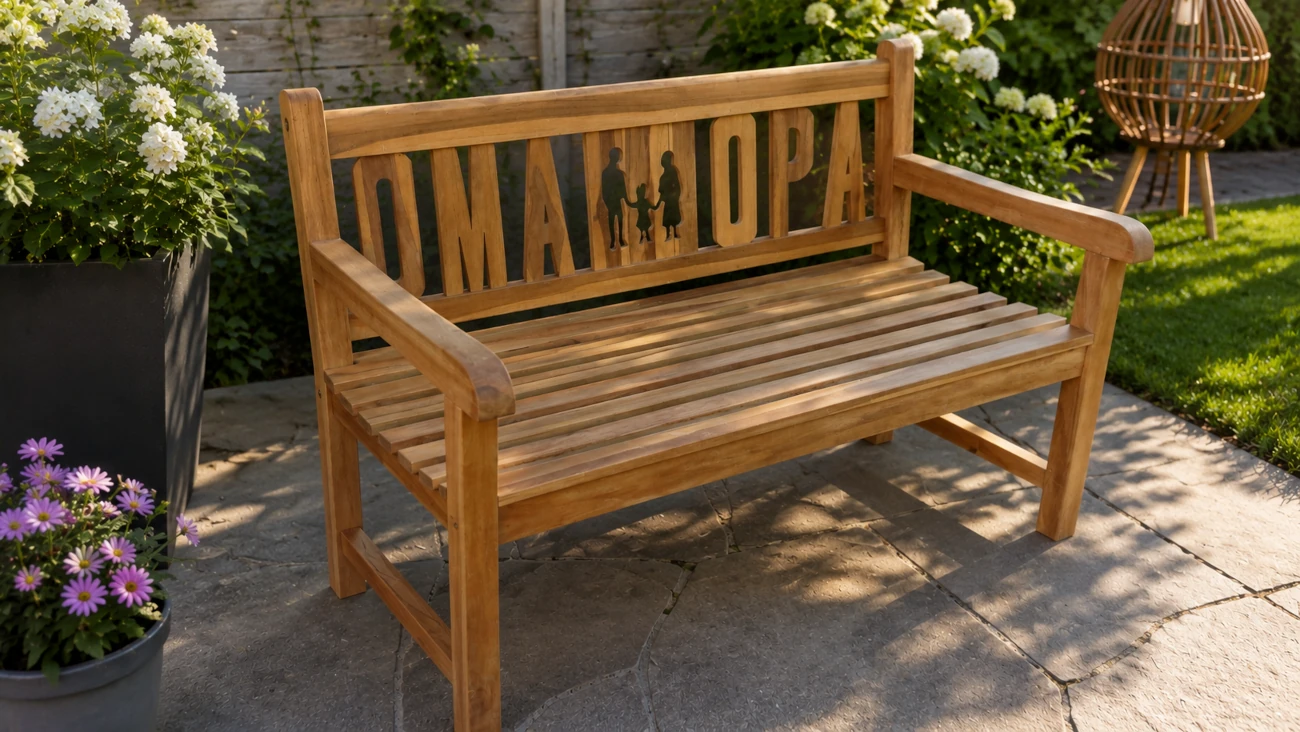 2-3-Sitzer Holzbank OMA + OPA aus Teak | Geschenk für Großeltern