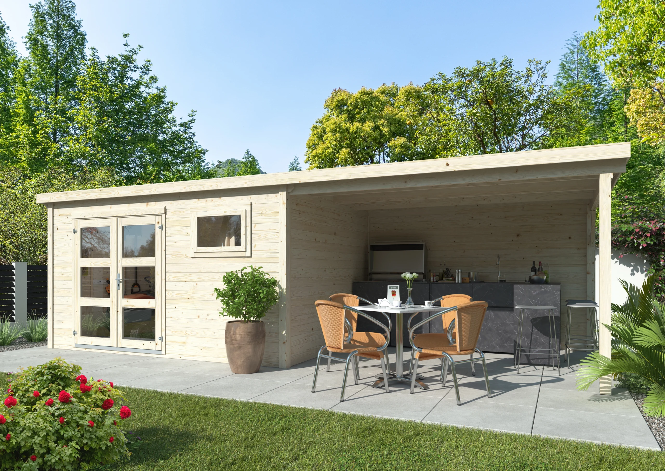 Gartenhaus David 5 – 10,5 +8,7 m² mit Flachdach & Doppeltür