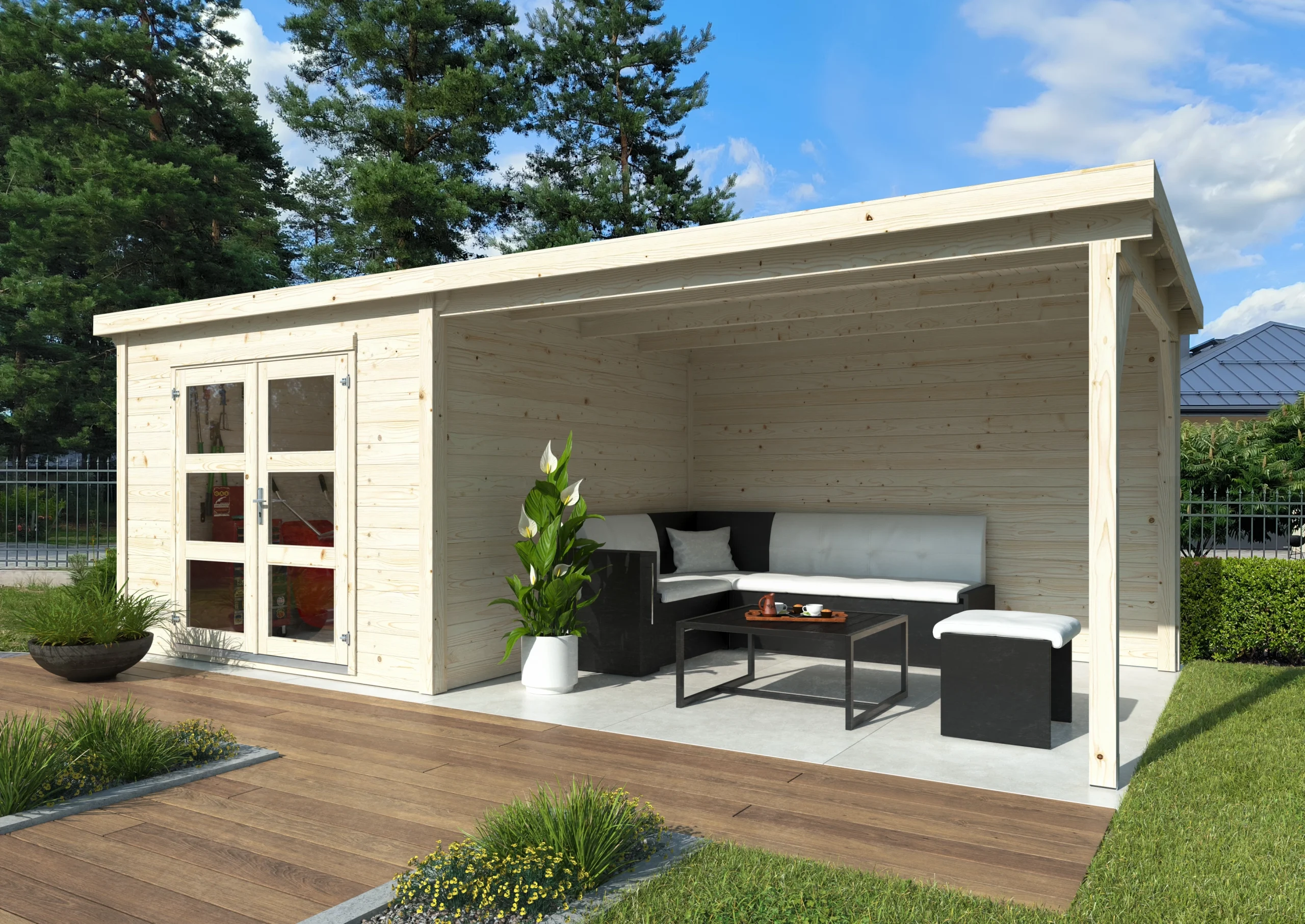 Gartenhaus David 3 – 7,5 + 8,7 m² mit Flachdach & Doppeltür