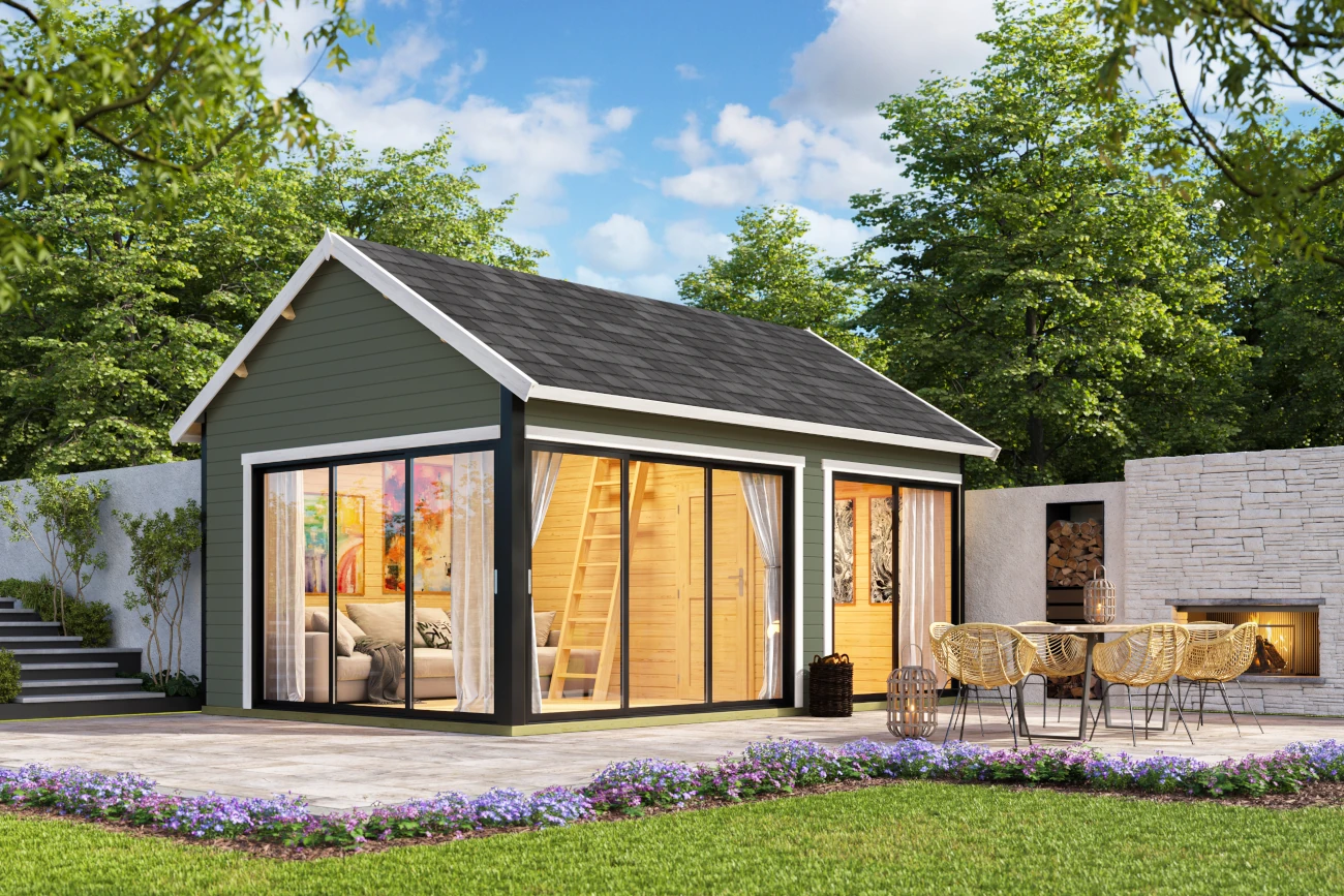 Gartenhaus Murano 3 ISO mit Schlafboden und Aluminium-Türen und -Fenstern