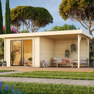 Gartenhaus Rheinau 1 PLUS 8.0 + 7.6 m² mit Schiebetür und Anbau