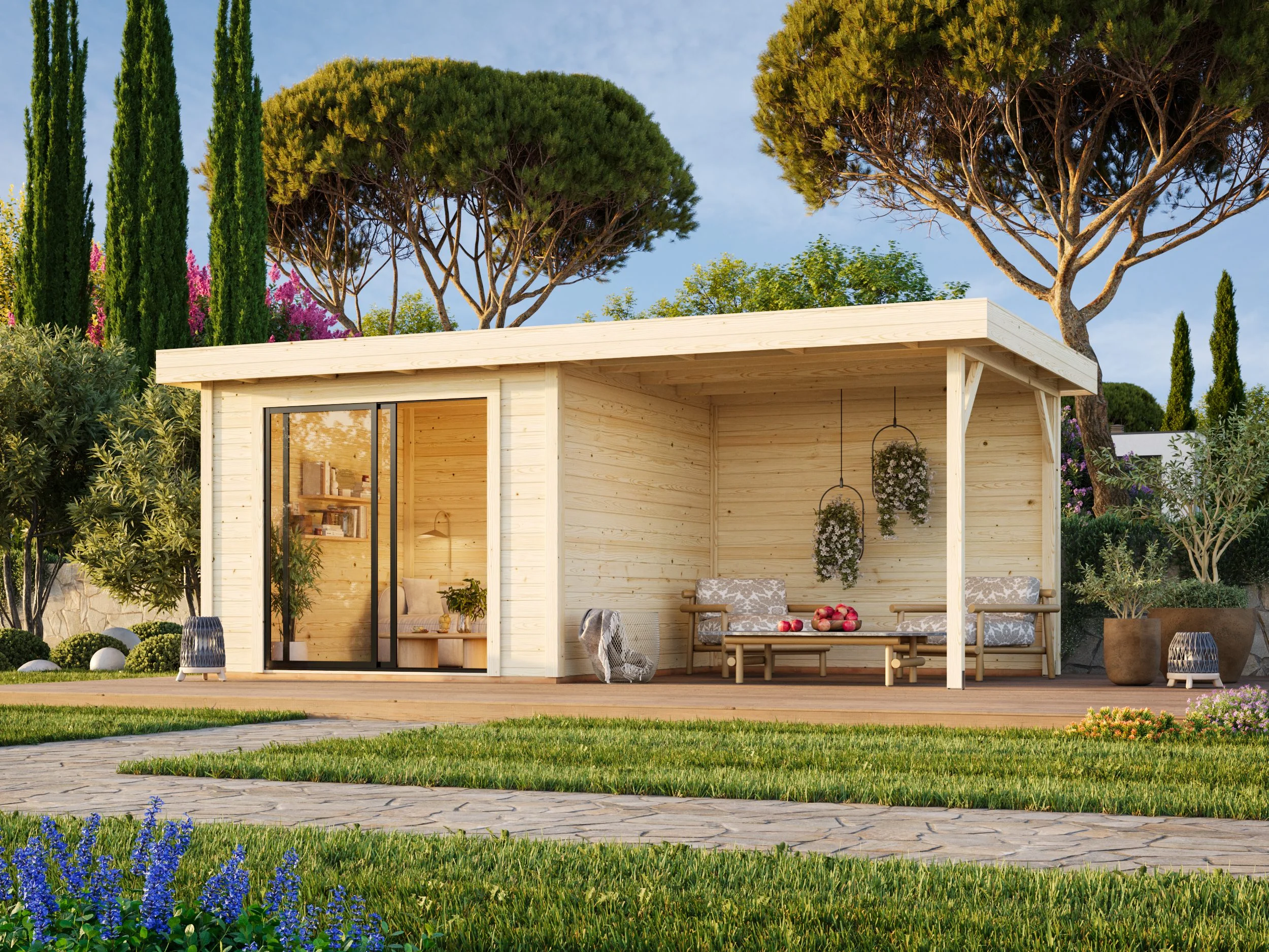 Gartenhaus Rheinau 1 PLUS 8.0 + 7.6 m² mit Schiebetür und Anbau