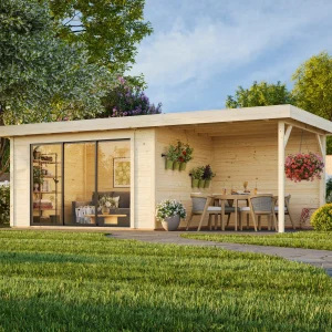 Gartenhaus Rheinau 2 PLUS 10,8 + 7,6 m² mit Schiebetür und Anbau