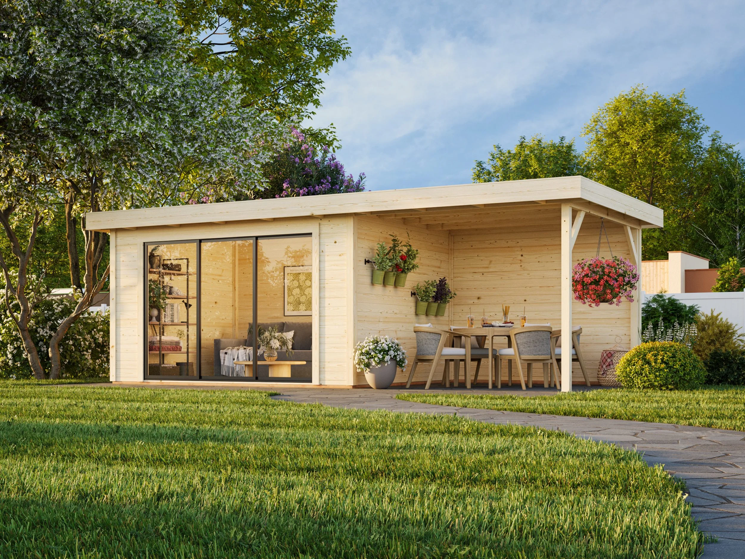 Gartenhaus Rheinau 2 PLUS 10,8 + 7,6 m² mit Schiebetür und Anbau