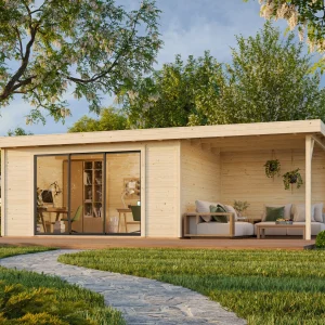 Gartenhaus Rheinau 3 PLUS 14,4 + 8,8 m² mit Schiebetür und Anbau