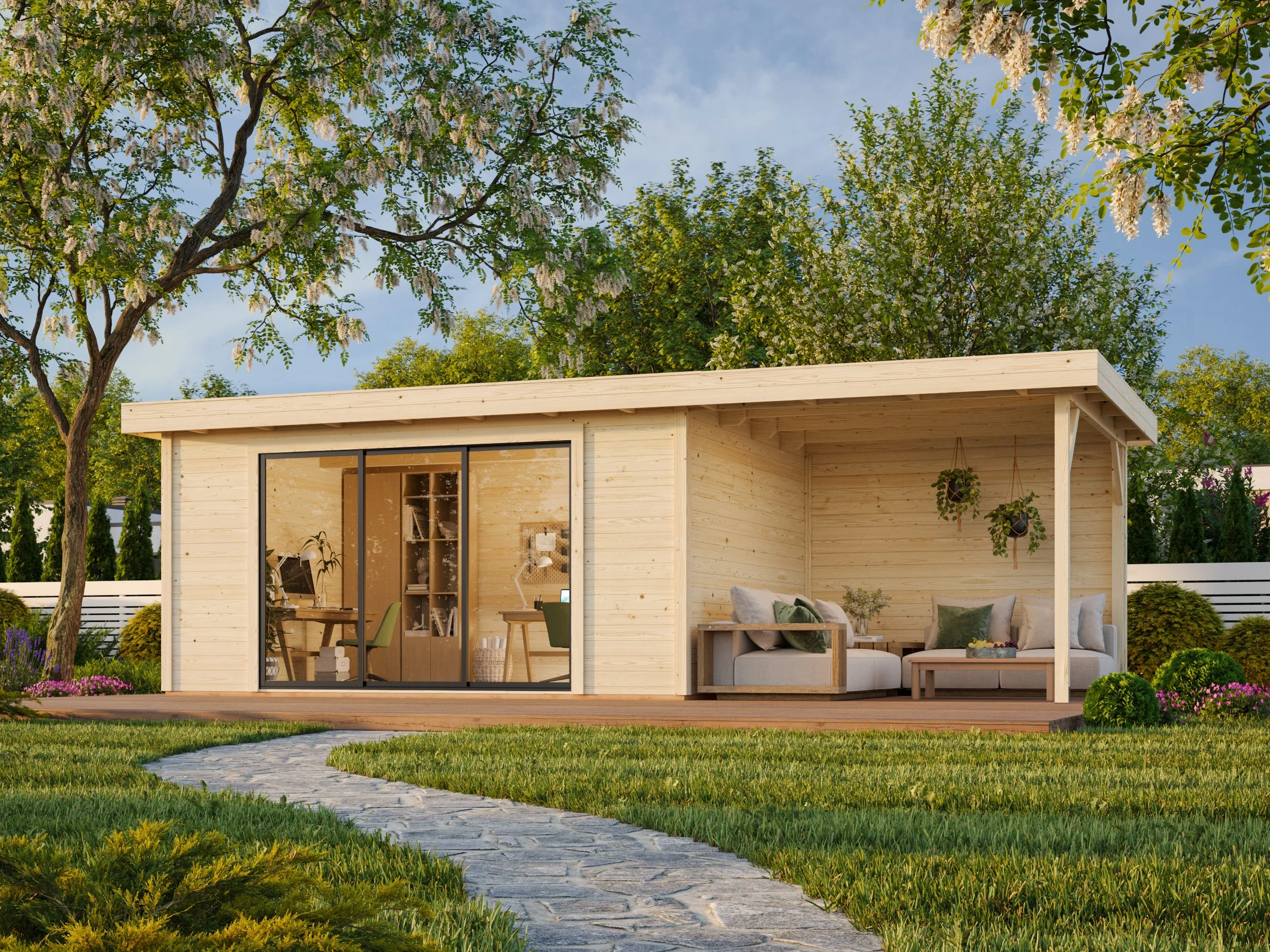 Gartenhaus Rheinau 3 PLUS 14,4 + 8,8 m² mit Schiebetür und Anbau