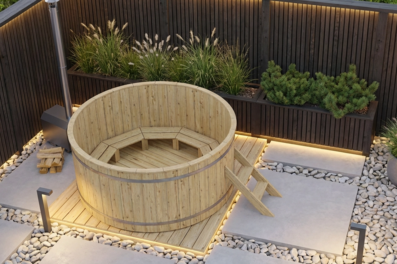 Hot Tub Ø 200 cm mit Edelstahl-Außenofen / Badebottich
