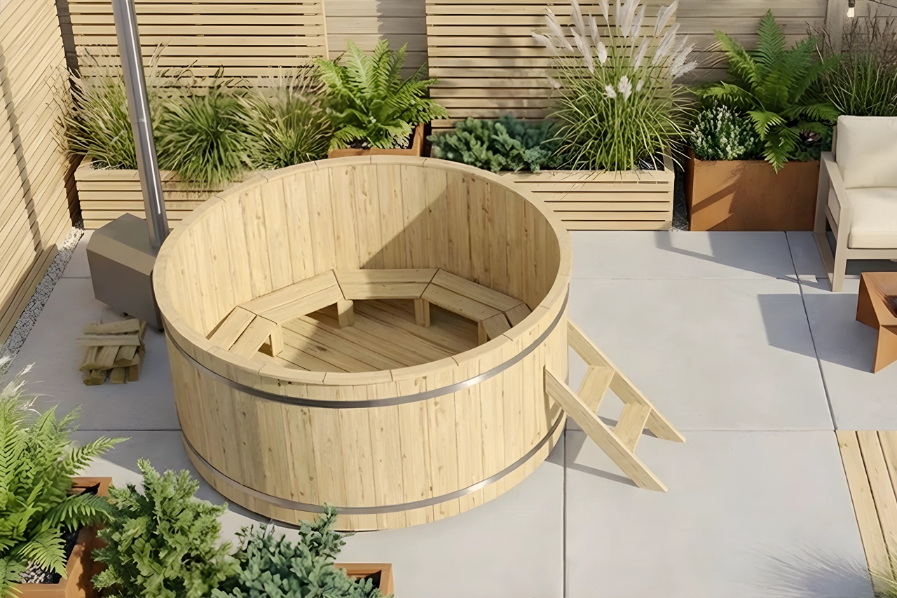 Hot Tub Ø 220 cm mit XL-Edelstahl-Außenofen / Badebottich
