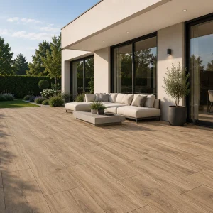 Feinsteinzeug-Terrassenplatten Limewood Roble Braun mit Holzstruktur