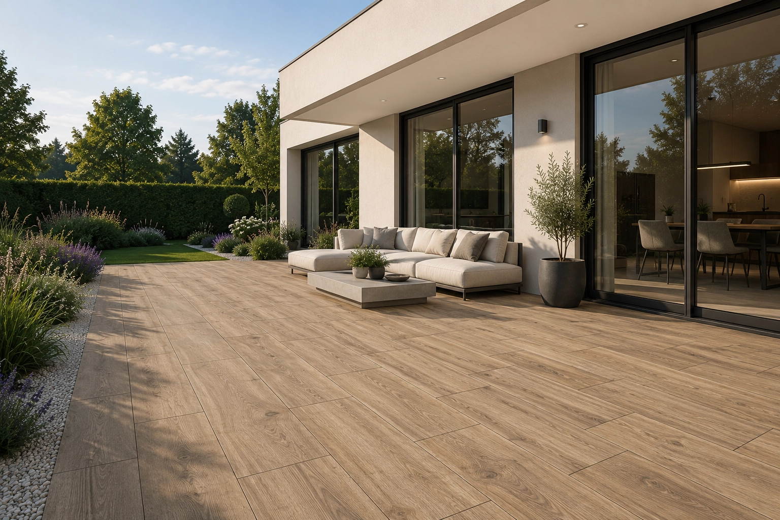 Feinsteinzeug-Terrassenplatten Limewood Roble Braun mit Holzstruktur