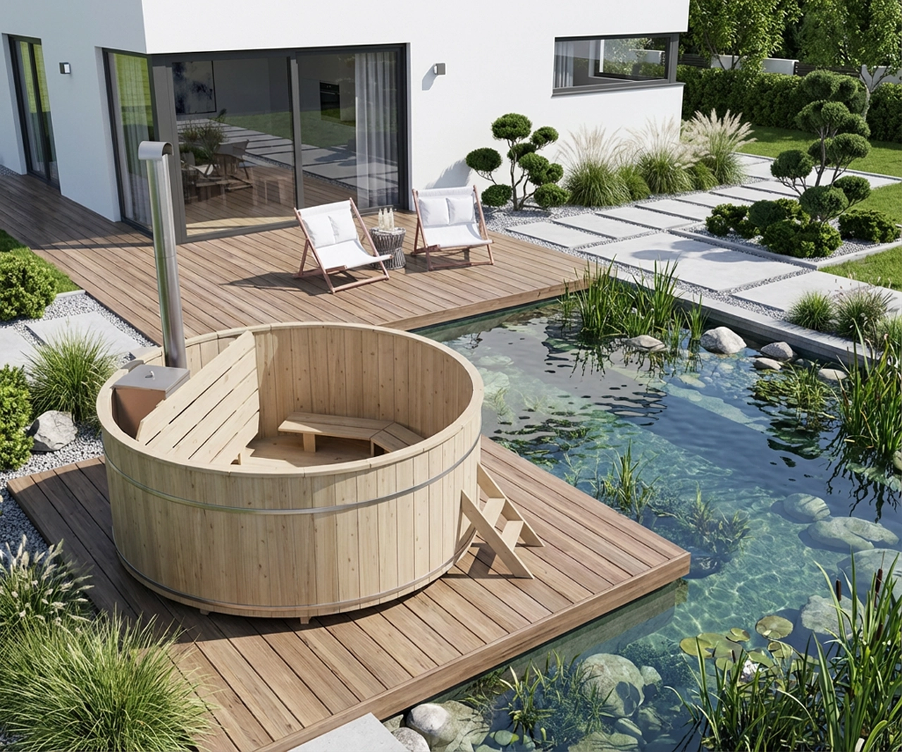 Hot Tub Ø 220 cm mit XL-Edelstahl-Innenofen / Badebottich