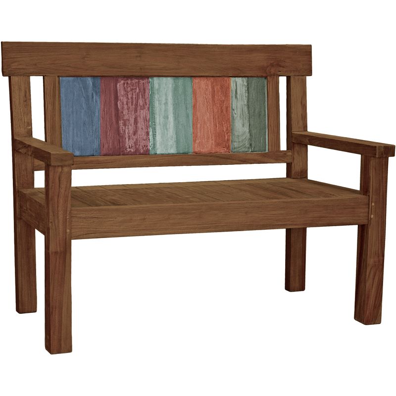 Bank Timor, 2-Sitzer, Teak, dunkelbraun lackiert und bunter Rückenlehne
