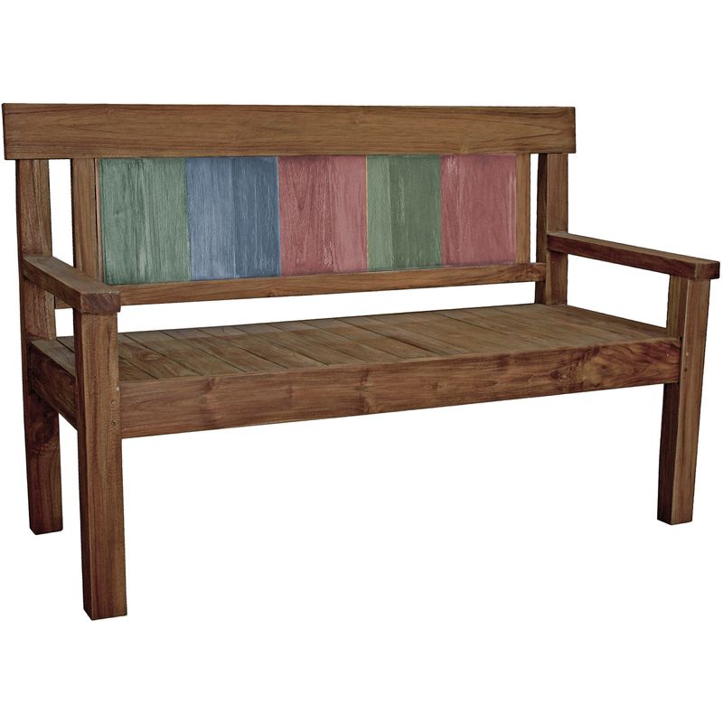 Bank Timor, 3-Sitzer, Teak, dunkelbraun lackiert und bunter Rückenlehne