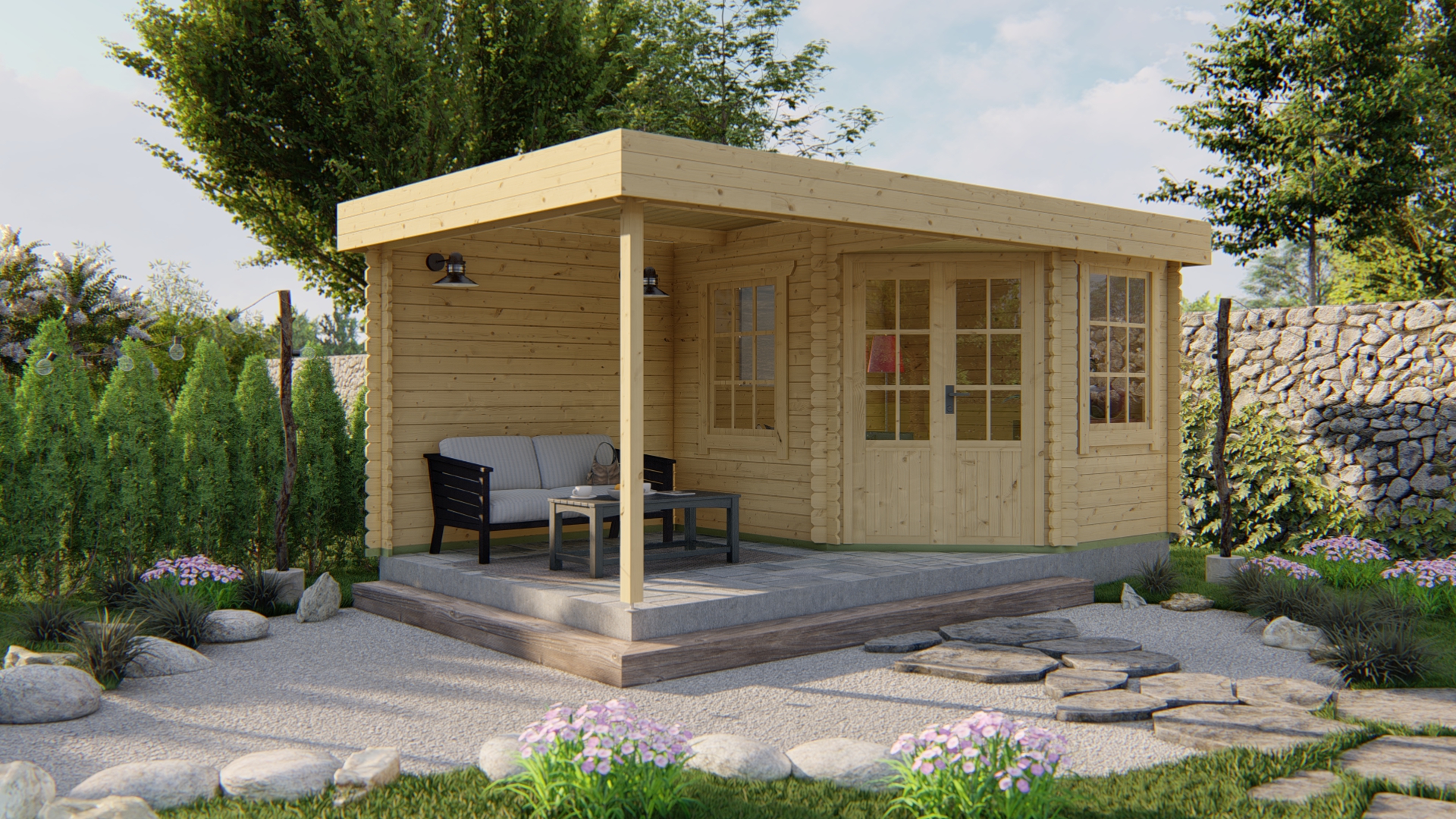 5-Eck-Gartenhaus Stig mit Seitenanbau