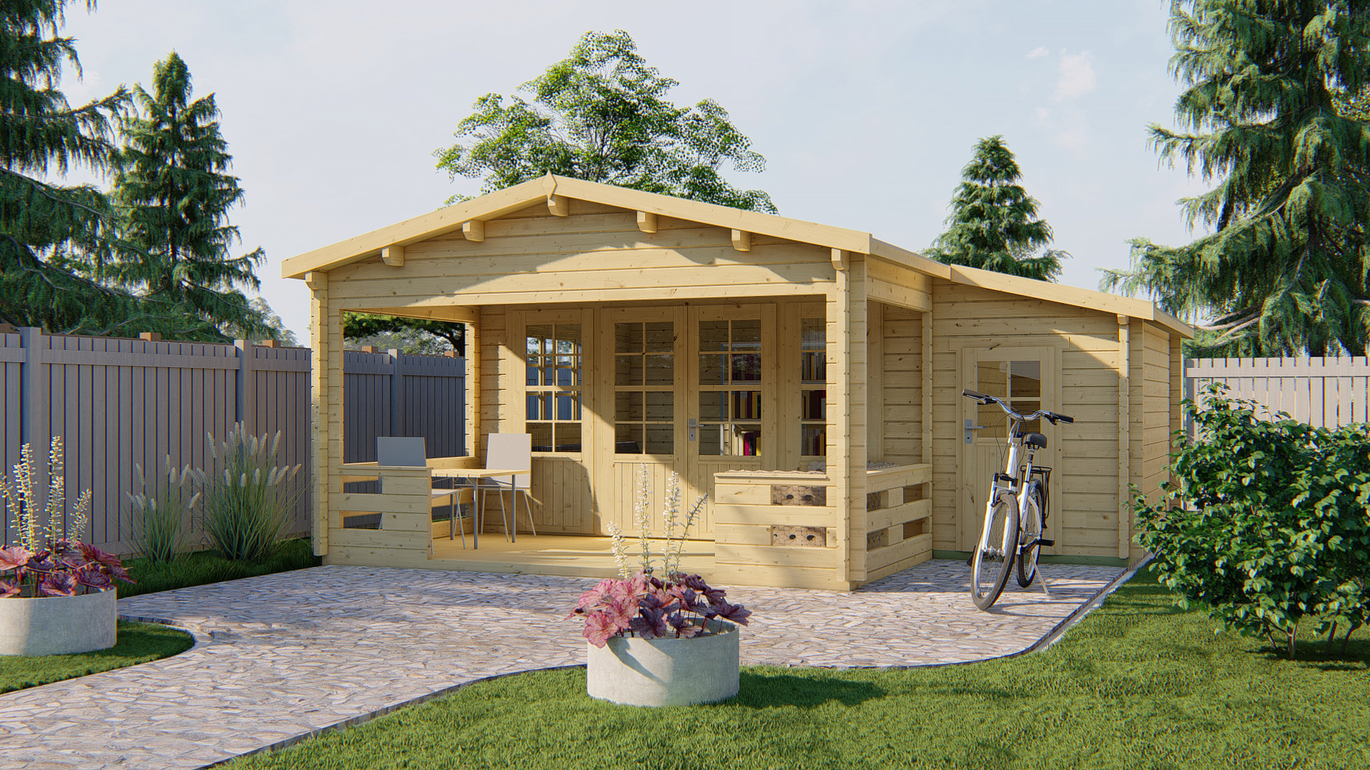Gartenhaus Coventry ISO mit Terrasse und Anbauschuppen