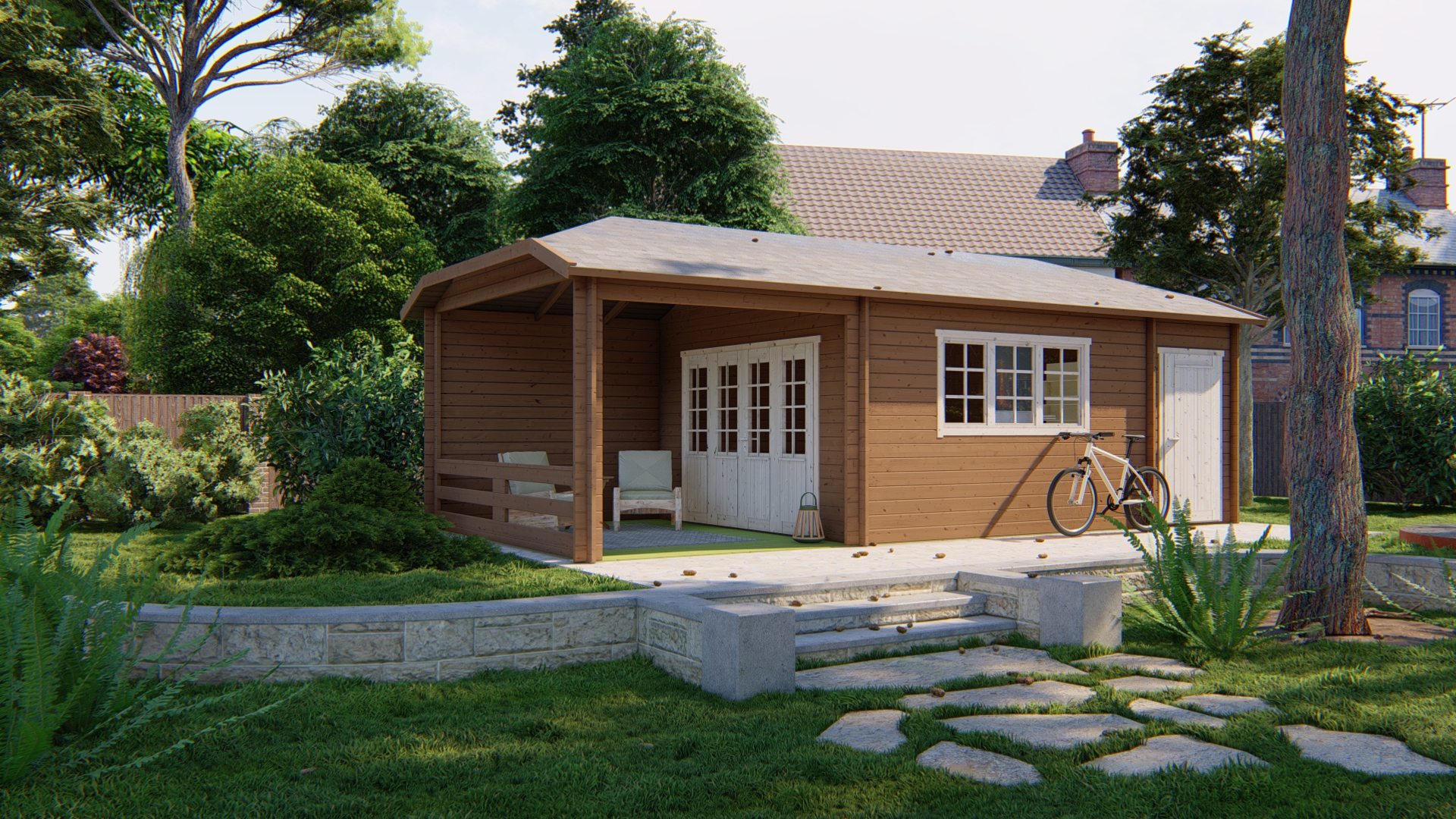 Gartenhaus Sibella ISO mit Terrasse und Anbau