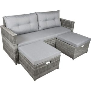 Lounge-Sofa Malta, 3-teilig, inklusive Einschubhocker, Auflagen, Kissen, Kunststoffgeflecht grau