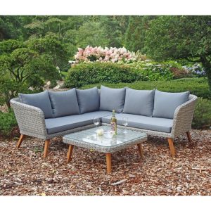 Lounge-Set Pamplona in lichtgrau, 3-teilig, inklusive Auflagen und Kissen in dunkelgrau, Glasplatte,