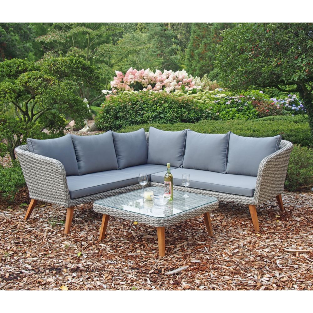 Lounge-Set Pamplona in lichtgrau, 3-teilig, inklusive Auflagen und Kissen in dunkelgrau, Glasplatte,