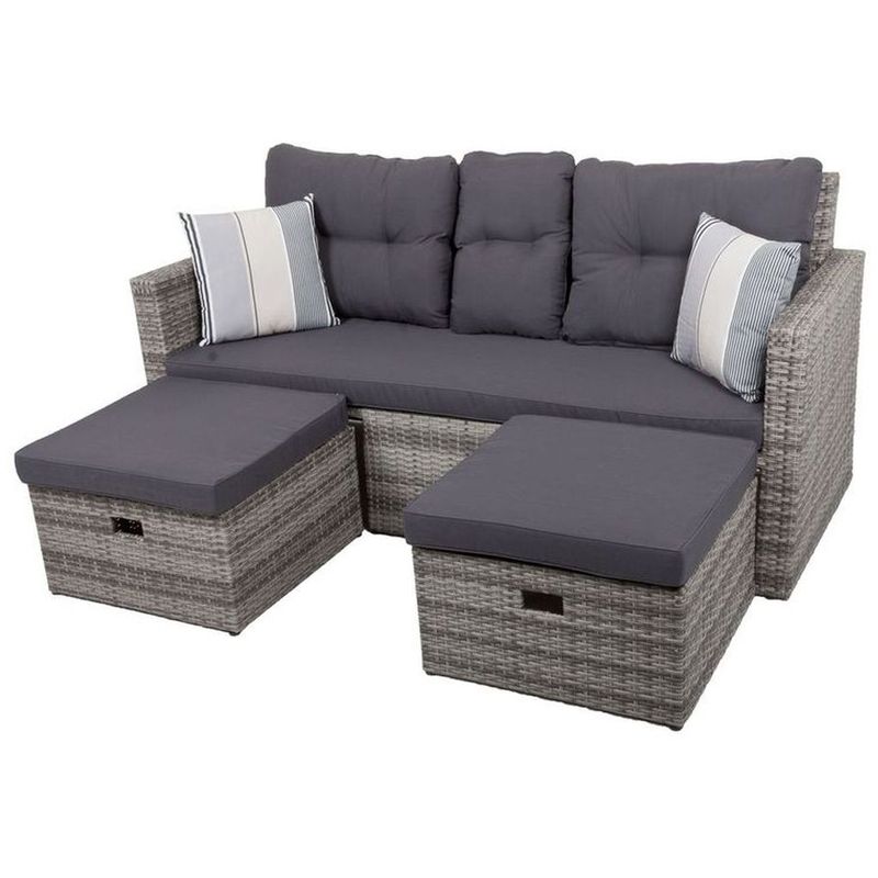 Lounge-Sofa Valletta, 3-teilig, inklusive Einschubhocker, Auflagen, Kissen, Klapptisch in der Rücken