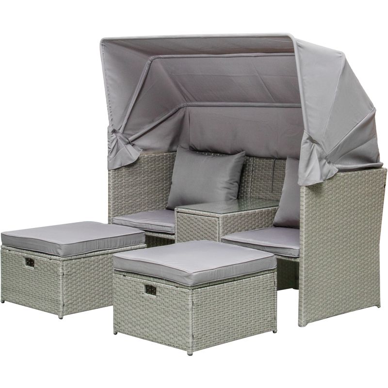 Relax-Lounge Saint-Tropez, 3-teilig, inklusive Hocker, Konsole, Sonnendach, Kunststoffgeflecht grau