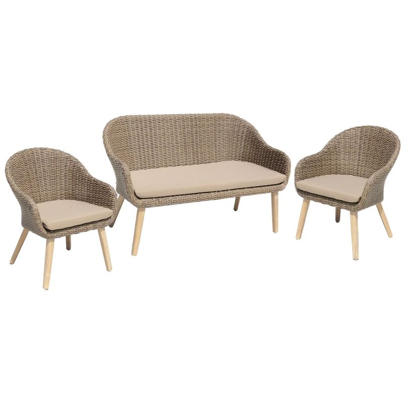 Sofa & Stuhl Set Pueblo, 3-teilig, inklusive Auflage, Kunststoffgeflecht, Akazie