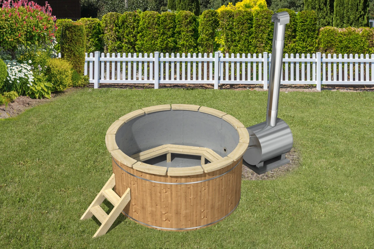 Thermoholz Hot Tub Ø 220 cm mit XL-Edelstahl-Außenofen + PVC-Einsatz + Randbretter / Badebottich