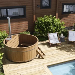 Thermoholz Hot Tub Ø 220 cm mit XL-Edelstahl-Innenofen + PVC-Einsatz + Randbretter / Badebottich
