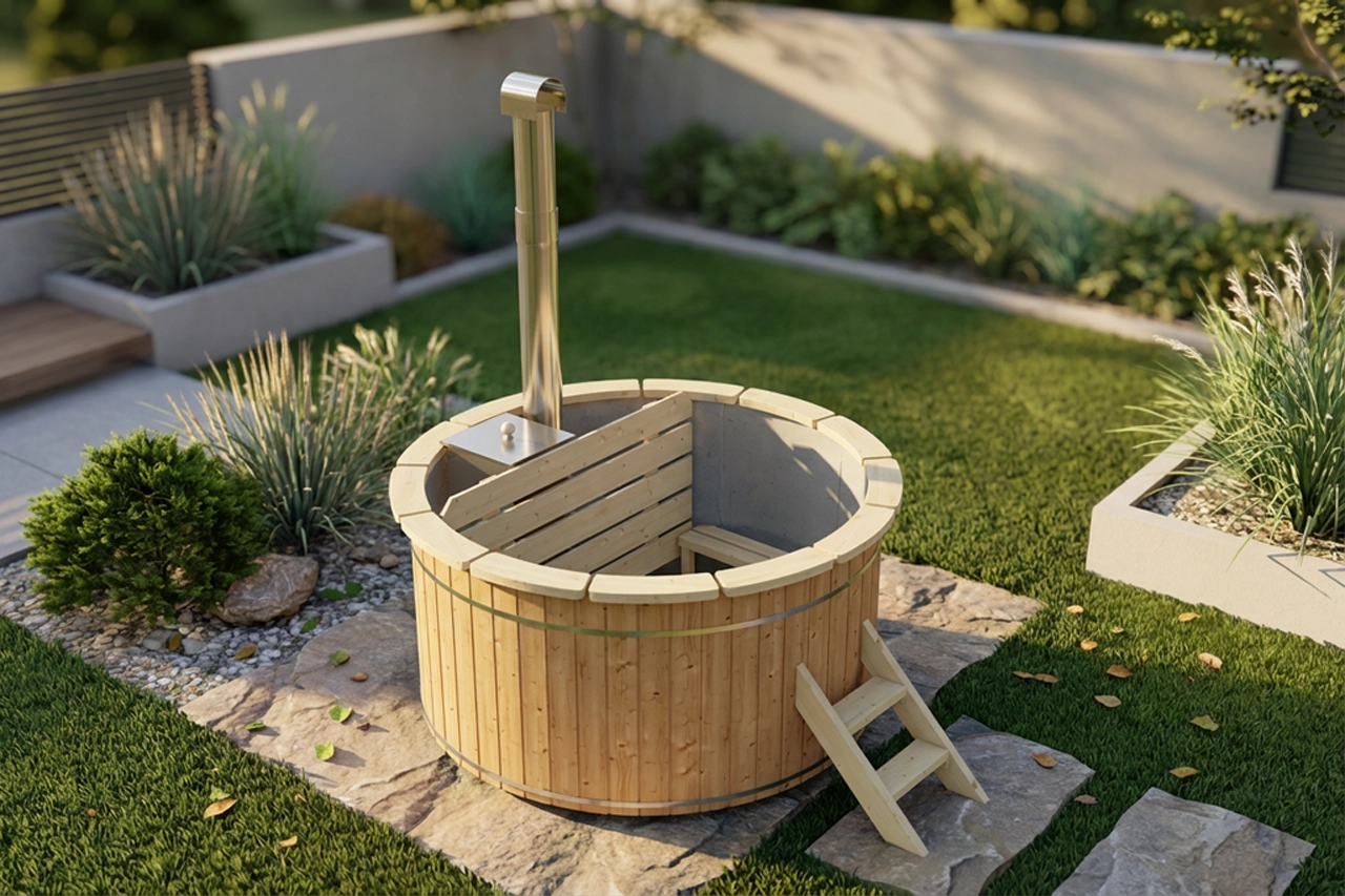 Thermoholz Hot Tub Ø 180 cm mit Edelstahl-Innenofen + PVC-Einsatz + Randbretter / Badebottich