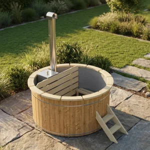Thermoholz Hot Tub Ø 160 cm mit Edelstahl-Innenofen + PVC-Einsatz + Randbretter / Badebottich