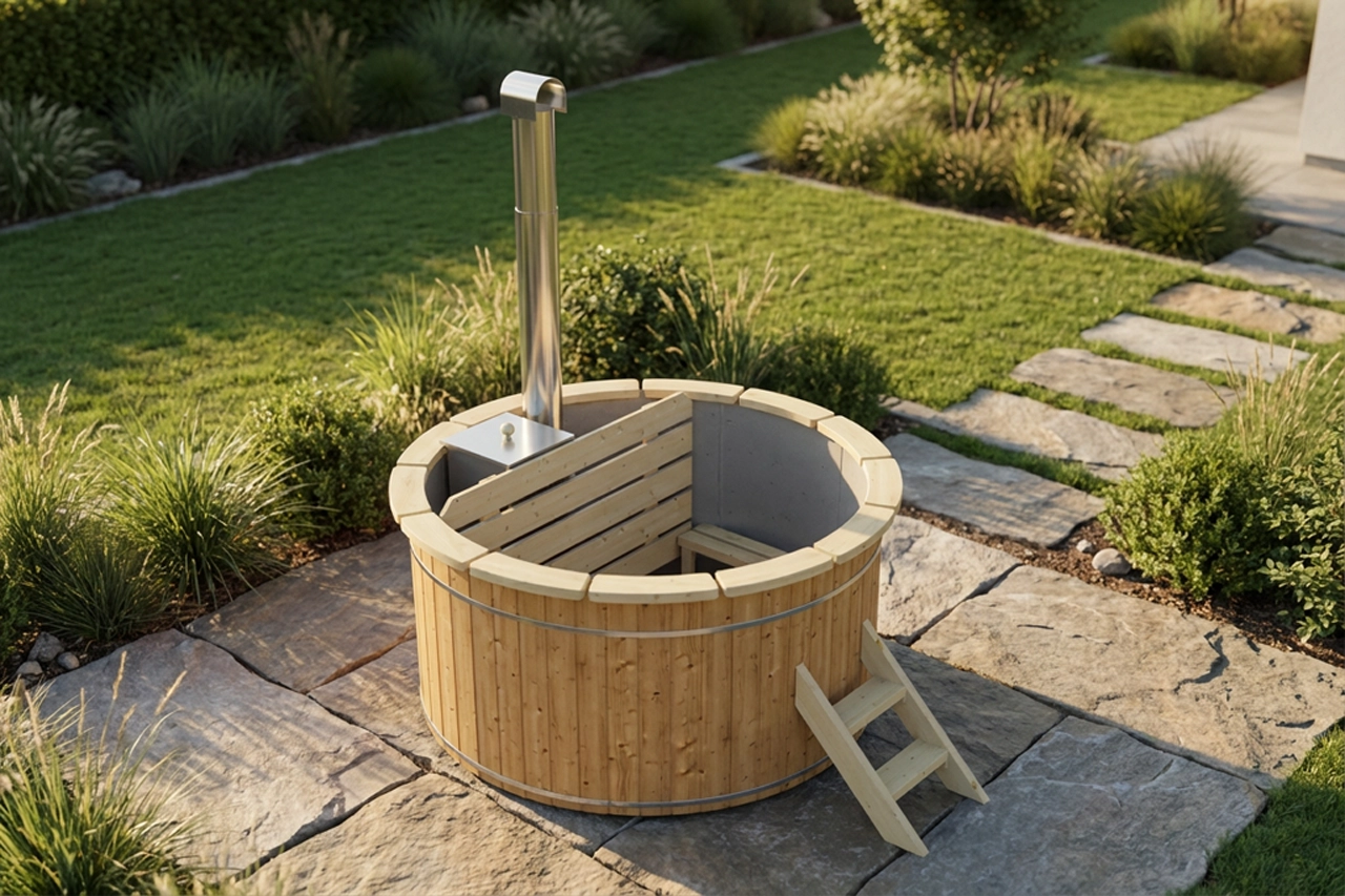 Thermoholz Hot Tub Ø 160 cm mit Edelstahl-Innenofen + PVC-Einsatz + Randbretter / Badebottich