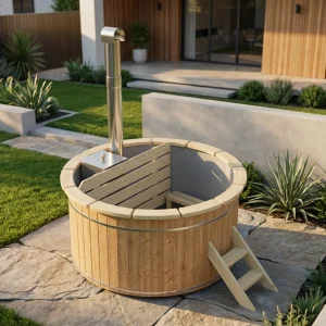 Thermoholz Hot Tub Ø 200 cm mit Edelstahl-Innenofen + PVC-Einsatz + Randbretter / Badebottich