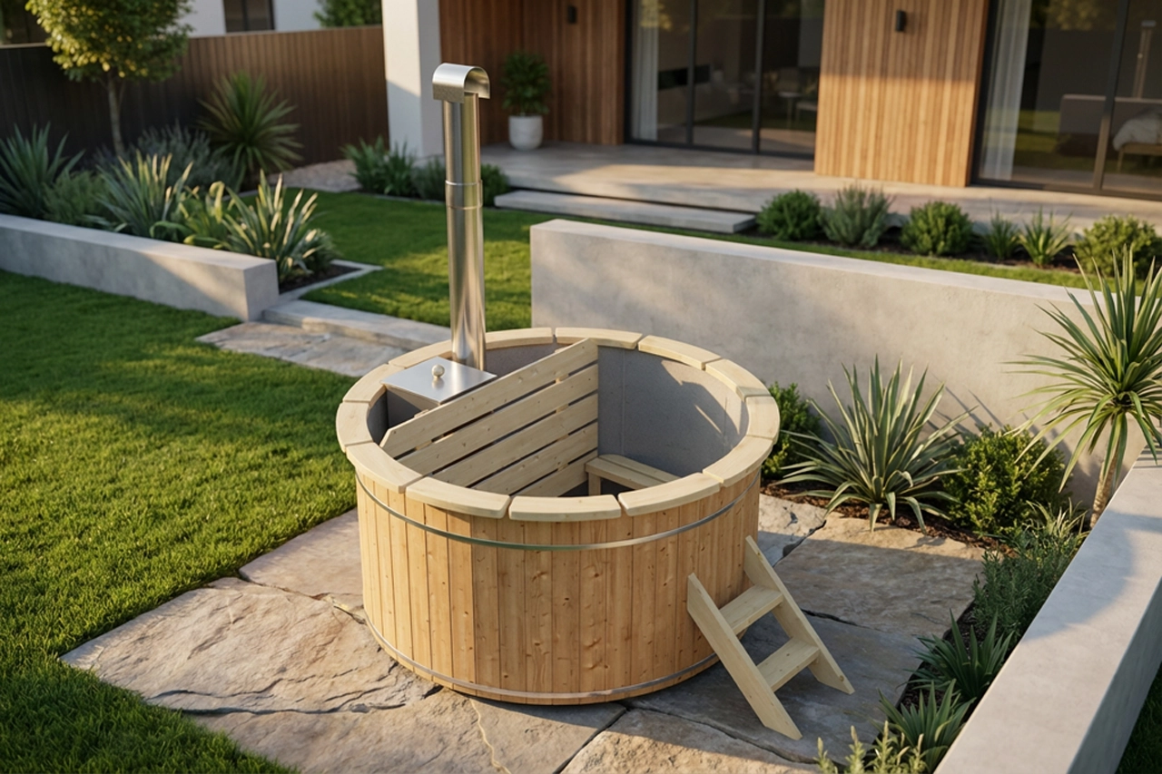 Thermoholz Hot Tub Ø 200 cm mit Edelstahl-Innenofen + PVC-Einsatz + Randbretter / Badebottich