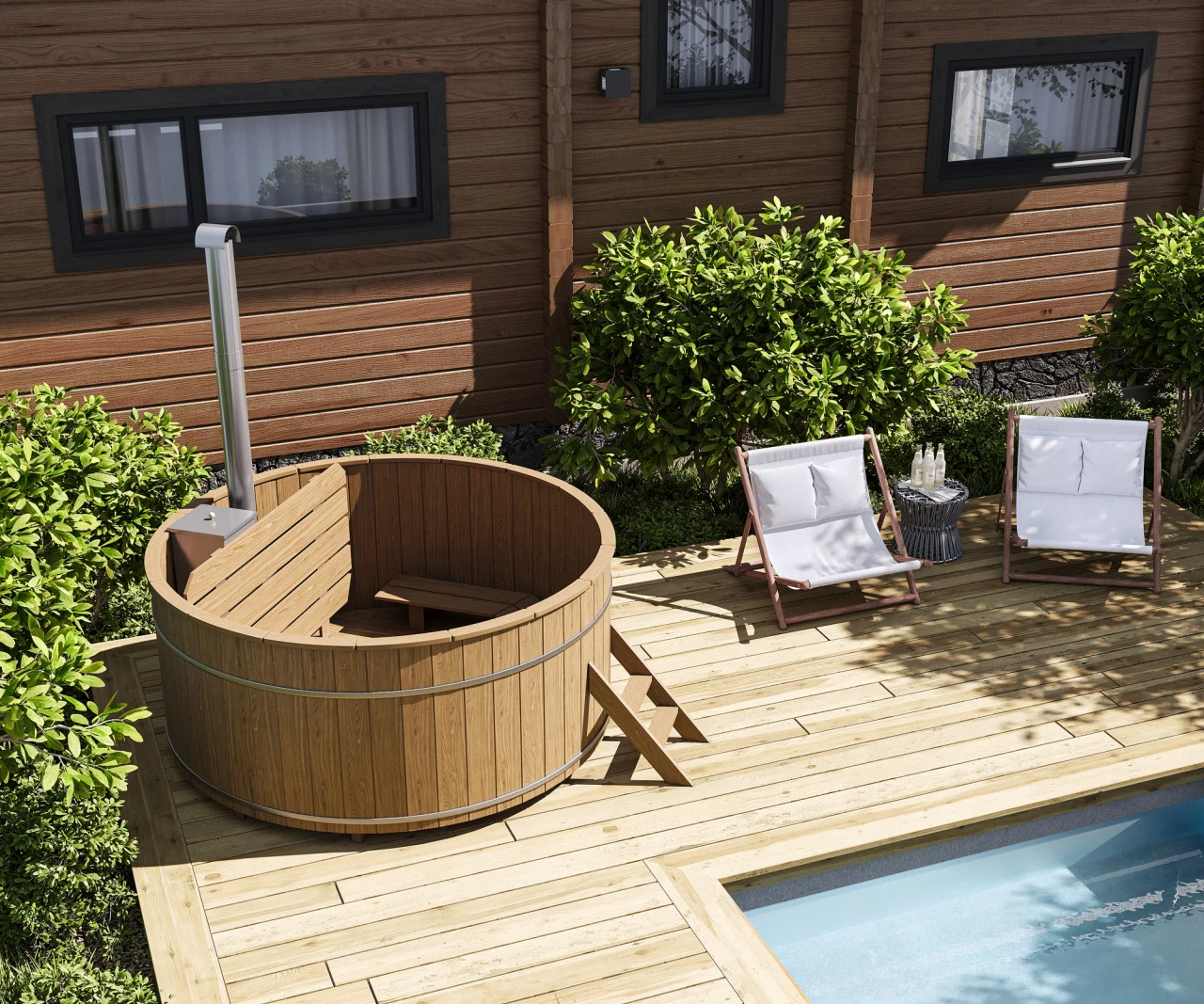 Thermoholz Hot Tub Ø 220 cm mit XL-Edelstahl-Innenofen + PVC-Einsatz + Randbretter / Badebottich